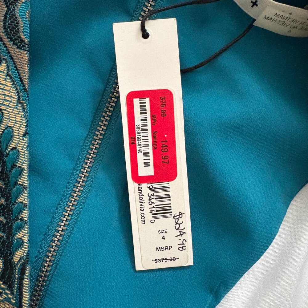 Alice + Olivia Natalee Jacquard Racerback A-Line Dress Turquoise Peacock Size 4 - Picture 6 of 8